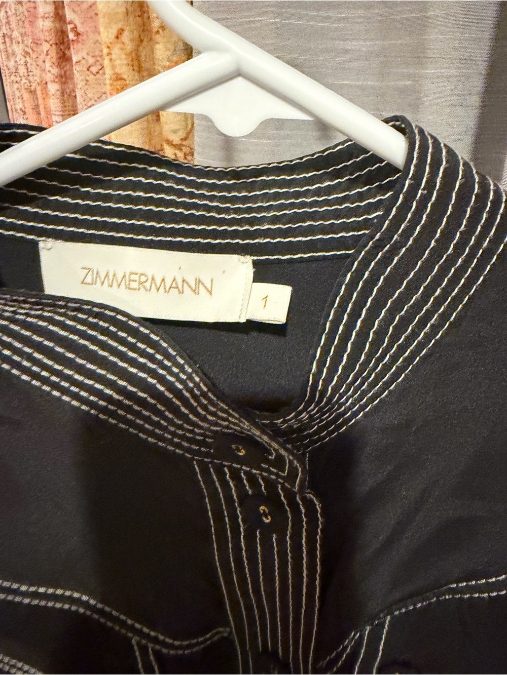 Zimmermann Black Silk Shirt Dress with White Contrast Stitching - Picture 7 of 9